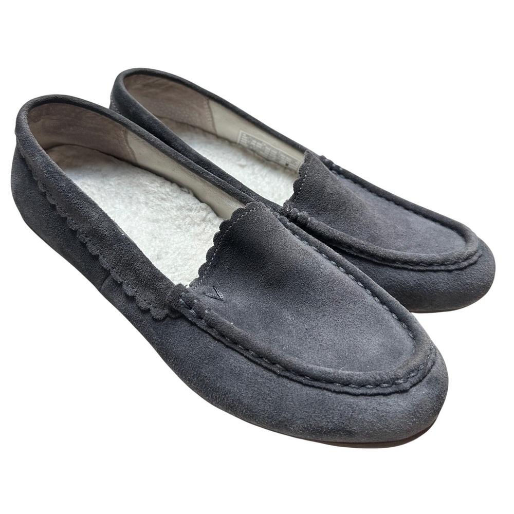 Vionic McKenzie Charcoal Gray Suede Faux Fur Lined Moccasin Slippers Size 7.5